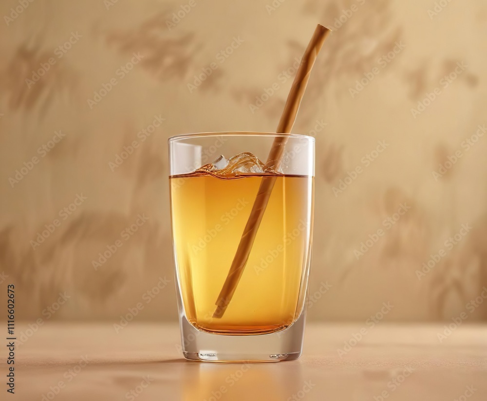 Fototapeta premium A hand holding a curved straw in front of a beige-colored liquid filled glass , beige milkshake, drink