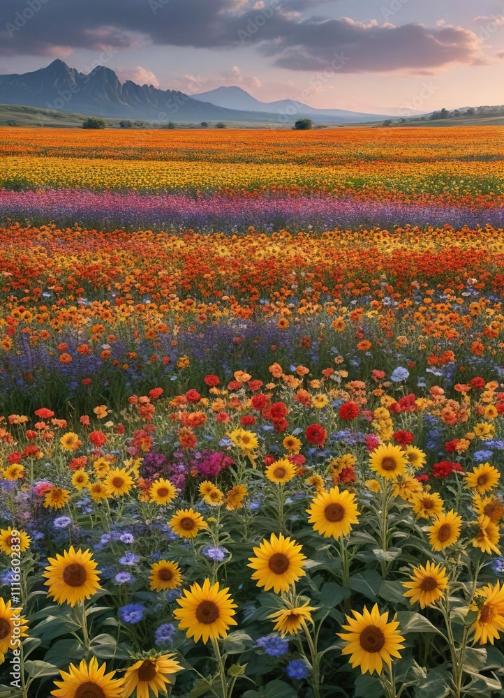 Fototapeta premium Colorful flower field with sunflowers and wildflowers, open fields, greenery, natural landscape