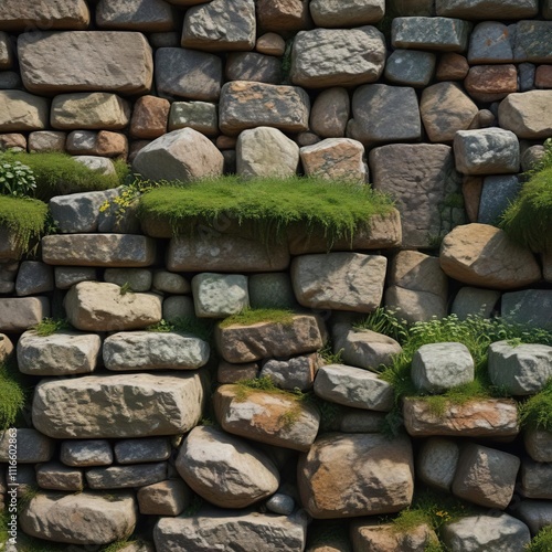 Ancient stonework with moss-covered blocks and weathered mortar, natural stone, aged masonry, moss-covered blocks photo