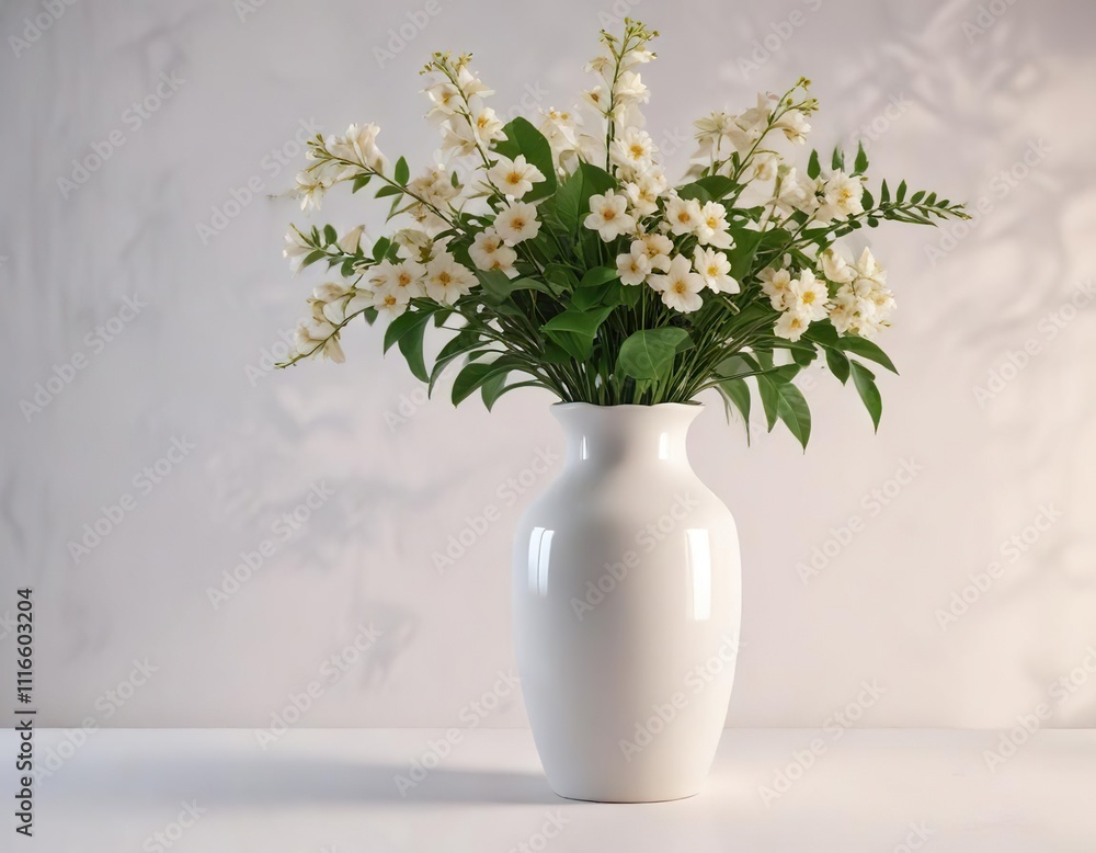 Naklejka premium White vase filled with Bael flowers and greenery, bael, natural elements, outdoor decor