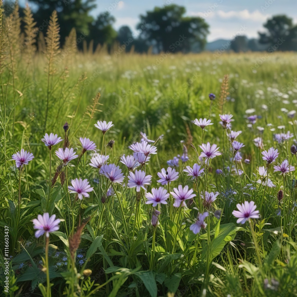 Fototapeta premium A patch of Belgian chicory growing in a meadow with wildflowers and tall grasses , rural landscape, floral arrangement , wildflowers