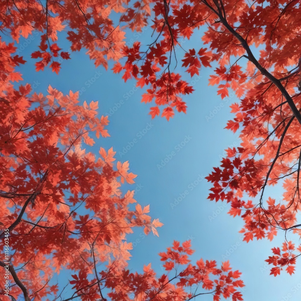 Red maple leaves scattered on a clear light blue sky with tree branches , nature scenery, fall landscape Red maple leaves scattered on a clear light blue sky with tree branches , nature scenery, fall landscape