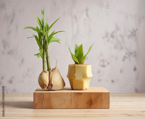 Wallpaper Mural Single bamboo shoot on a wooden block on white background , edible, tender, sprout Torontodigital.ca