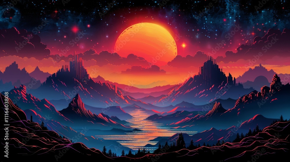 Fantasy landscape with red sun, mountains, river, and stars. Fantasy landscape with red sun, mountains, river, and stars.