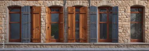 Tall, narrow windows with stone mullions and wooden shutters, urban scenery, medieval windows