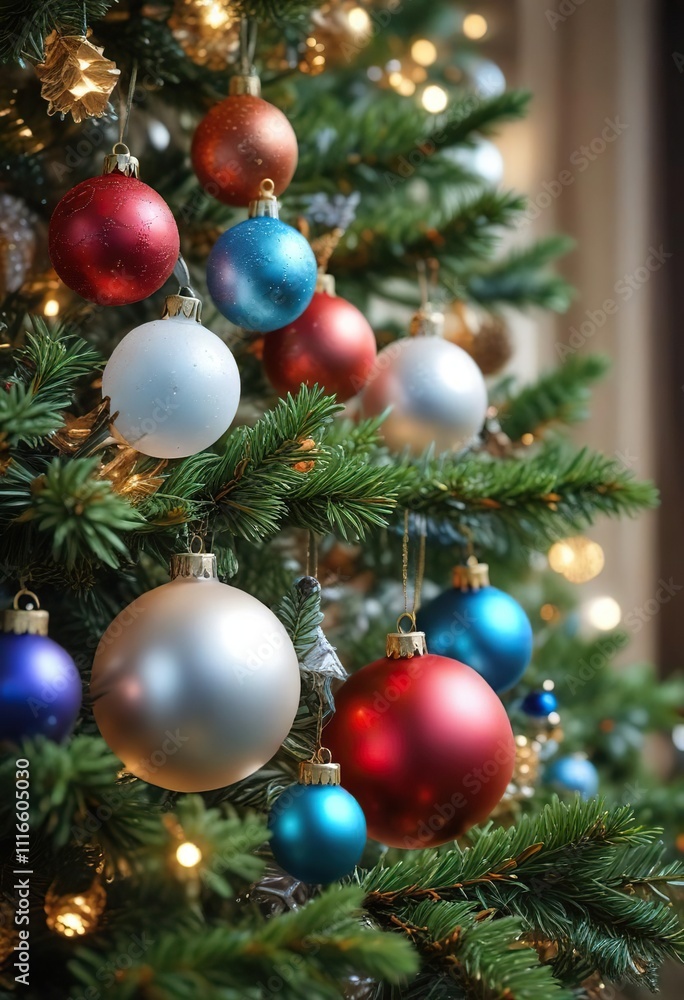 Fototapeta premium Icy Ornaments and Balls on the Christmas Tree Base, holiday, snowy