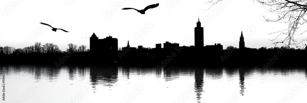 Obraz premium Silhouette of Ames, Iowa: A Black and White Artistic Interpretation of Downtown Architecture