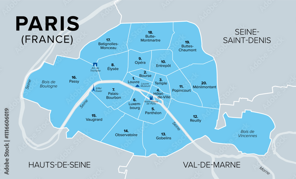 Φωτογραφία Arrondissements of Paris, capital of France, Europe, political map