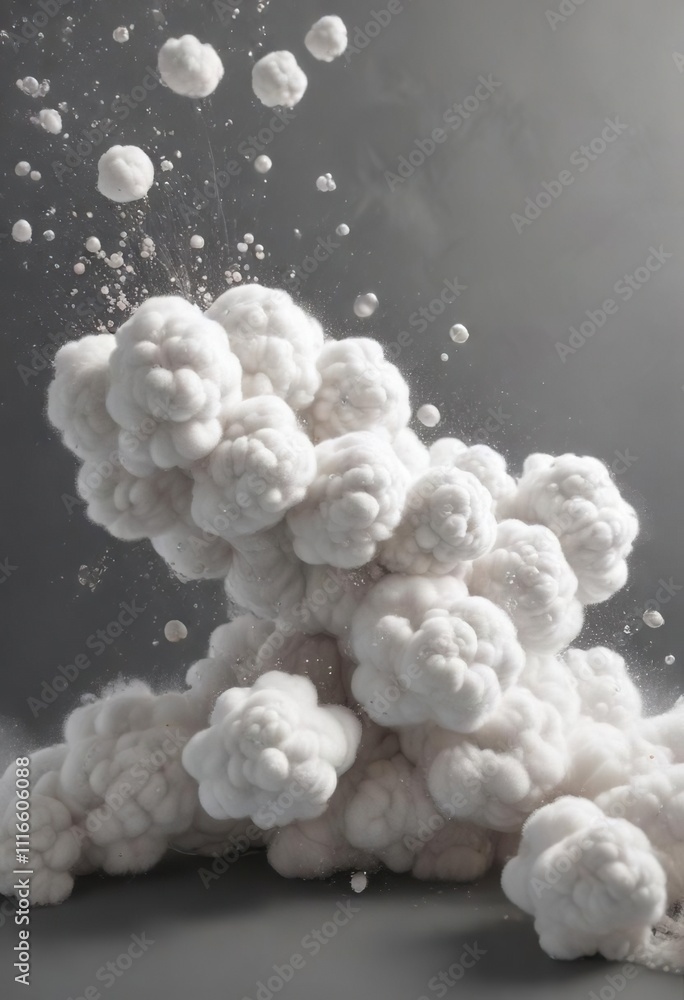 A cloud of cotton fibers and bubbles floating above a soft gray background, calming atmosphere, natural light A cloud of cotton fibers and bubbles floating above a soft gray background, calming atmosphere, natural light