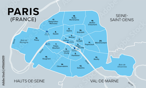 Arrondissements of Paris, capital of France, Europe, political map. Paris is divided into 20 municipal arrondissements. They spiral outwards clockwise, starting with Louvre, the first arrondissement.