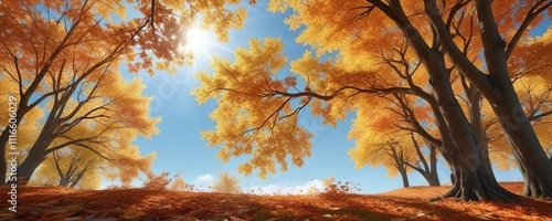 Sunlit maple trees with falling leaves against a blue sky , leafy greens, deciduous trees, fall foliage