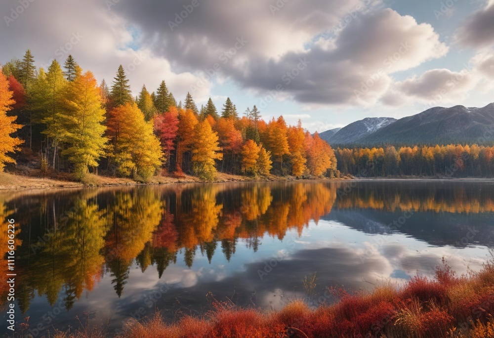 Fototapeta premium Panoramic view of a band of bright autumn colors stretching from the trees to the sky over Scott Lake, panoramic view, scott lake, wide landscape
