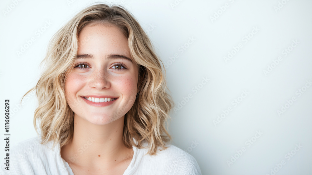 Young Caucasian Woman Smiling with Joyful Expression on White Background Young Caucasian Woman Smiling with Joyful Expression on White Background