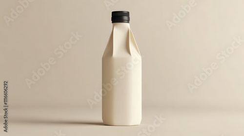 Minimalist white paper bottle with black cap on beige background.