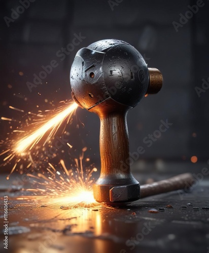 Ball pein hammer on a metal surface with sparks, fire, craftsmanship, heat photo