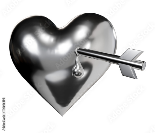3d rendering glossy silver heart with arrow. Happy valentine concept.