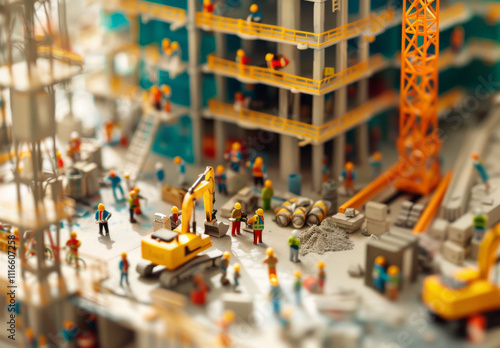 Miniature builders and construction worker. Mini model house building, Excavator and workman. Industrial figure builders