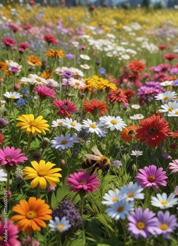 Bees collecting pollen from a variety of colorful flowers in a meadow, meadows, insects