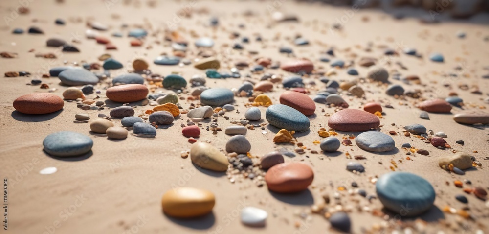Small stones and pebbles scattered across a sandy beach, rocky terrain , pebbles, sandy beach Small stones and pebbles scattered across a sandy beach, rocky terrain , pebbles, sandy beach