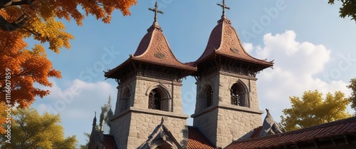 Stone bell tower with intricate stone filigree and a copper roof, bell tower, Italian rural life, santarcangelo di romagna photo