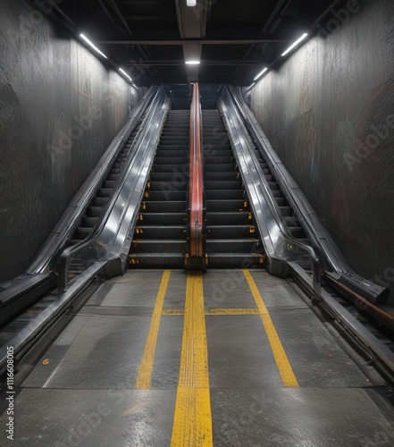 An unfinished escalator platform with no handrail, dark, unfinished photo