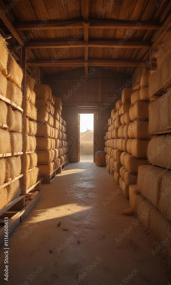 The interior of the barn is lined with wooden crates and boxes stacked haphazardly alongside rows of hay bales and straw, crates, hay bales The interior of the barn is lined with wooden crates and boxes stacked haphazardly alongside rows of hay bales and straw, crates, hay bales