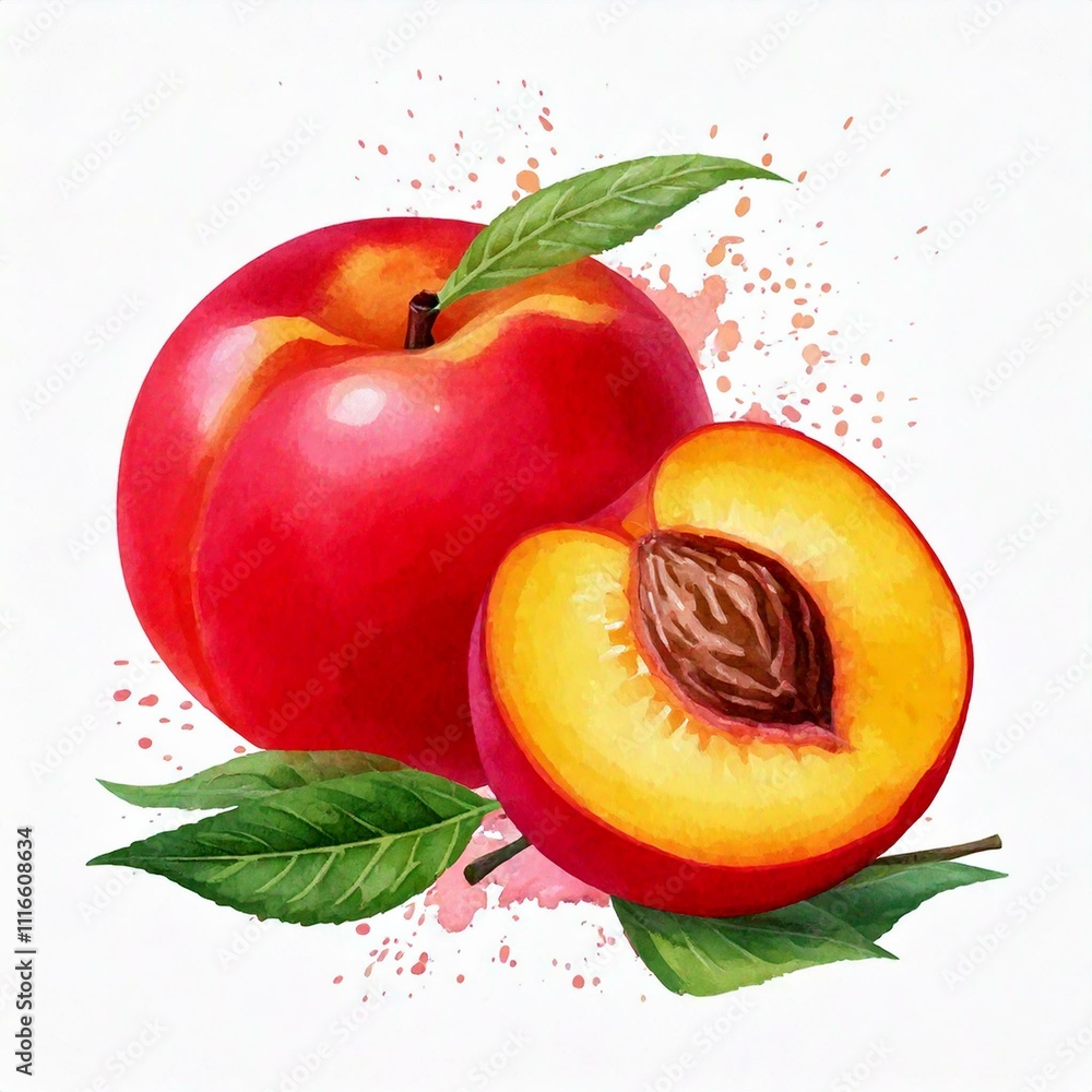 Watercolor painting of Nectarine Fruit, isolated on a white background, Nectarine Fruit vector