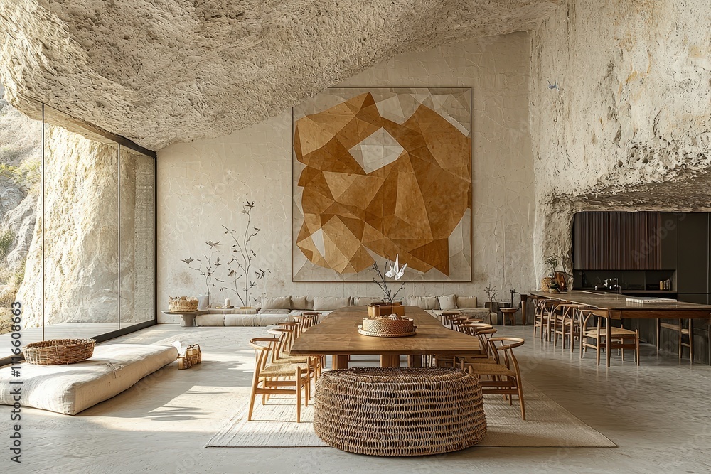 Modern cave dining room with rustic decor and large abstract art in natural stone setting