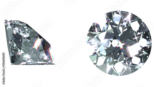 Front and above view of round brilliant cut diamond stones as 3D modeling transparent png file with simulated diamond IOR and Abbe number with optical caustics and dispersion.