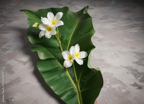 A single banana leaf with a few white and yellow flowers on its edge, plant life, foliage, bananaleaves photo