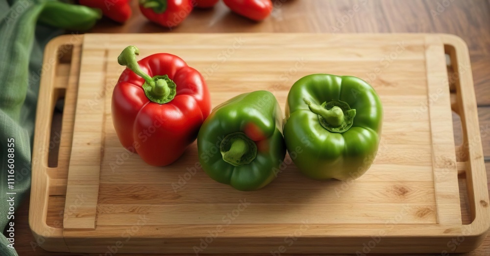 Green and red striped bell pepper on a bamboo cutting board , cutting board, kitchen