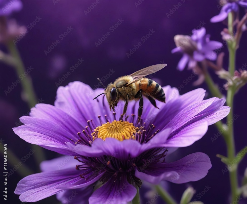 A solitary bee enjoys the sunshine on a stunning purple flower with intricate details and delicate petals against a deep purple background, garden, floral A solitary bee enjoys the sunshine on a stunning purple flower with intricate details and delicate petals against a deep purple background, garden, floral