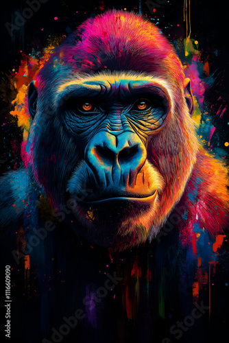 A gorilla with colorful, vibrant colors against a black background made in a digital art style, Oil painting effects, Poster design and picture design, Wall painting design photo