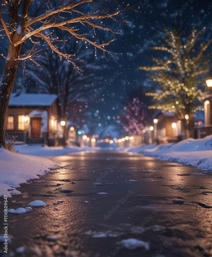 Snowy night scene with twinkling lights and bokeh, holiday season , festive atmosphere, festive background Snowy night scene with twinkling lights and bokeh, holiday season , festive atmosphere, festive background