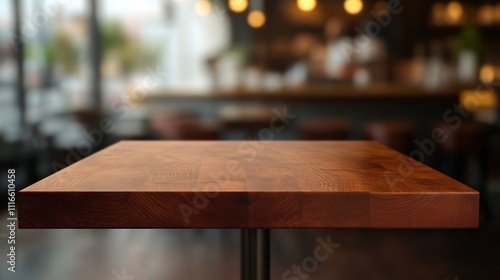 Rich Brown Wooden Tabletop In Blurred Cafe Setting