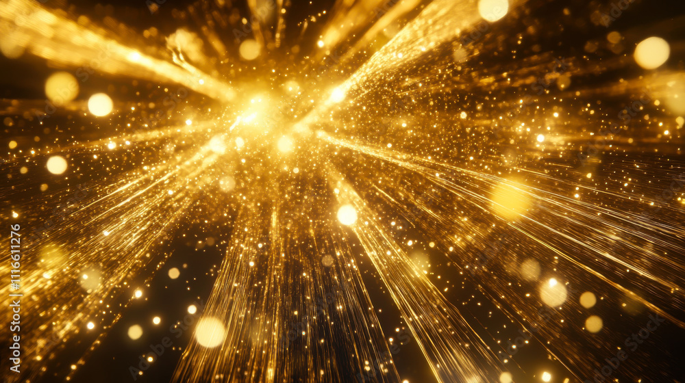 Naklejka premium A shimmering cascade of golden light sparkling against a dark background, evoking a sense of warmth and celebration at night