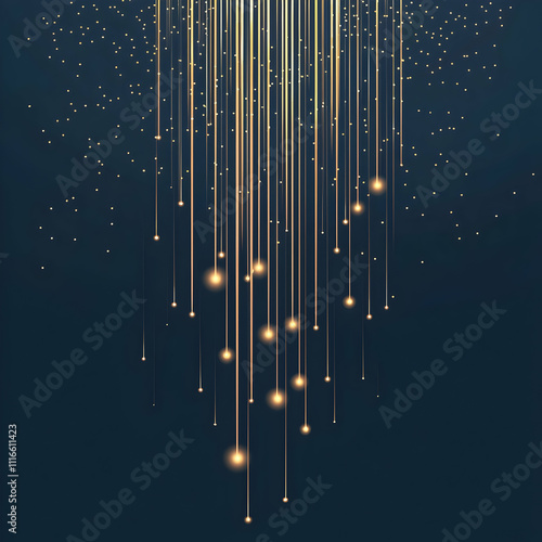 Illustration of light rays coming down from the top with sparkles on a dark blue background. 