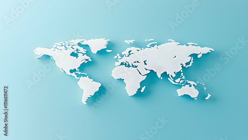 A simple white world map on a blue background, with a flat design, simple shapes, and a 3D rendering.