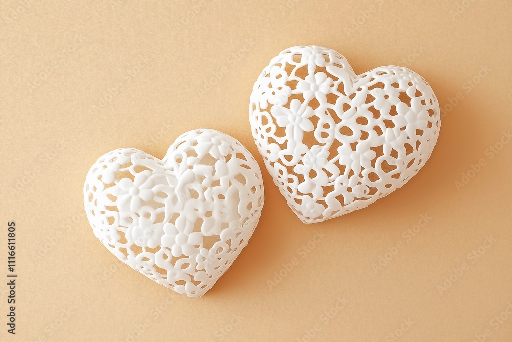 Fototapeta premium Two white hearts with lace designs on them. The hearts are placed close to each other on a tan surface