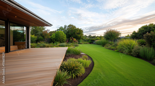 Serene Backyard Deck in New Zealand with Lush Landscaping
