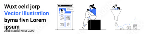 Woman interacts with user profile on phone interface, icons in data funnel converting to coins, cityscape. Ideal for digital identity, mobile engagement, UXUI design, data analysis, business growth