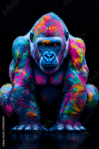 A gorilla with colorful, vibrant colors against a black background made in a digital art style, Oil painting effects, Poster design and picture design, Wall painting design photo