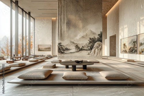 Tranquil minimalist zen space with oriental landscape art in modern interior photo