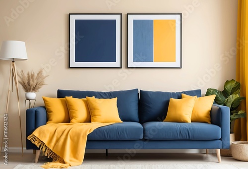 Scandinavian Living Room Design with Blue Sofa, Yellow Accents, and Minimalist Frame Poster on Neutral Wall.
 photo