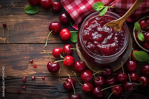 A jar of cherry jam is sitting on a wooden table with a bunch of cherries surrou photo