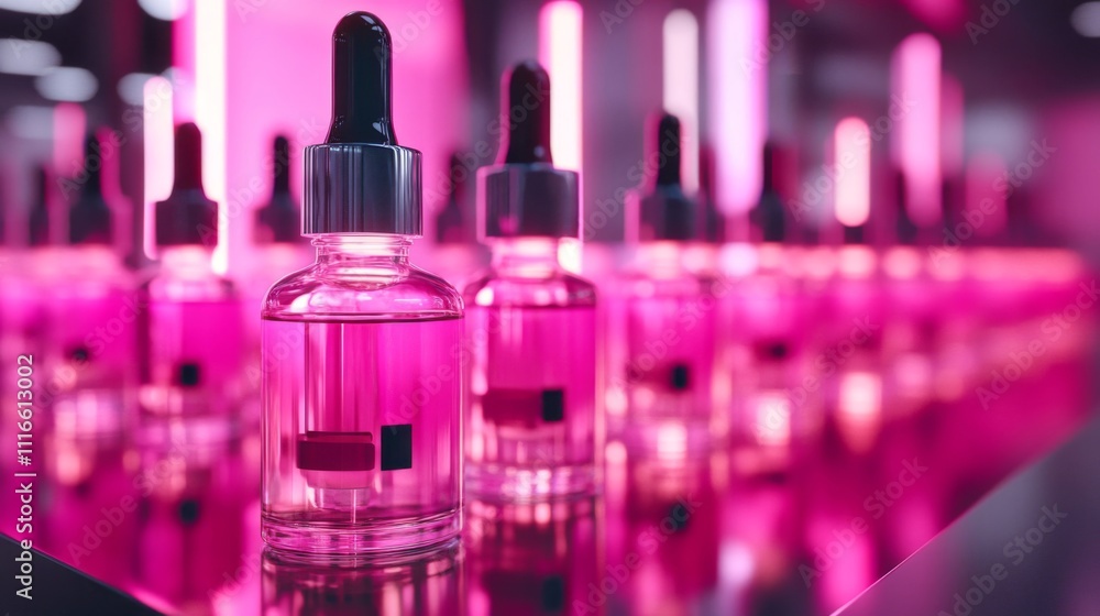 Pink Dropper Bottles on a Reflective Surface with a Neon Pink Backdrop Pink Dropper Bottles on a Reflective Surface with a Neon Pink Backdrop