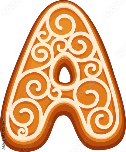Christmas gingerbread letter A featuring elegant icing decorations. Cartoon vector festive font, x mas typeface, new year type, English pastry alphabet typography. Isolated vector seasonal holiday abc