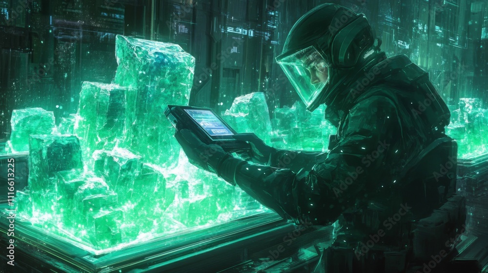 A futuristic astronaut examining glowing green crystals in a futuristic setting A futuristic astronaut examining glowing green crystals in a futuristic setting