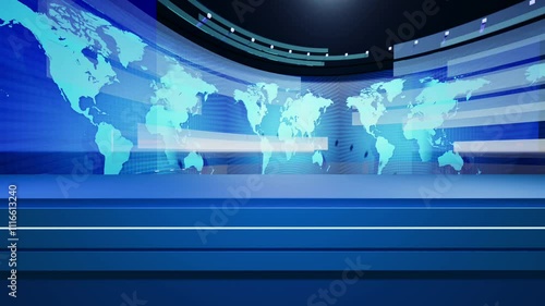 World map background with news presenter table