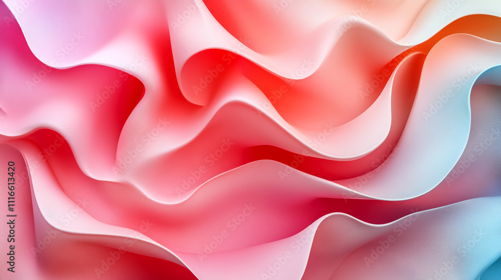 Obraz premium Flowing fabric-like pattern with gradients of pink, red, and blue hues. Concept of abstract fluidity and motion. For backgrounds or digital art.
